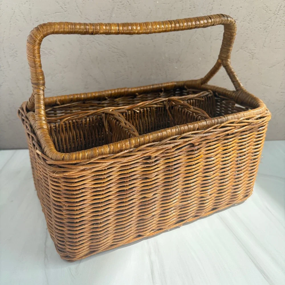 Vintage Wicker Utensil Caddy Handwoven Silverware Napkin Holder Brown Basket